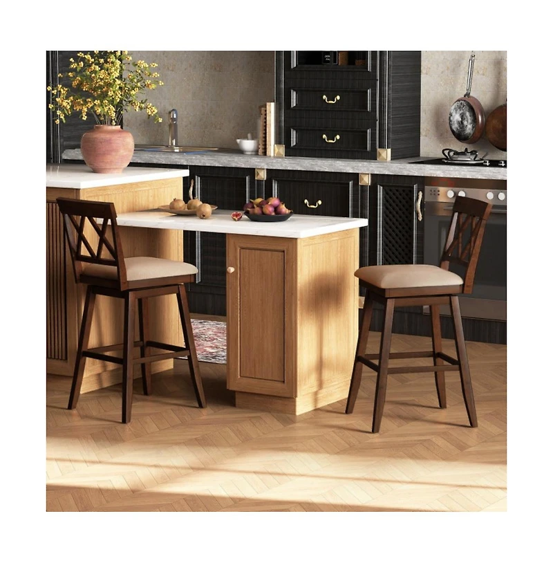 Gouun 29 in Swivel Bar Height Stool Set of 2 with Linen Upholstered Seat and Curved Backrest