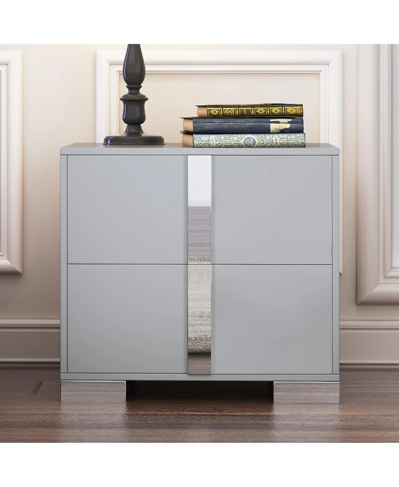 sumyeg Elegant Mirrored Nightstand with Metal Foot and 2 Drawers
