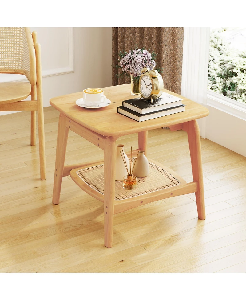 sumyeg Boho Bamboo Sofa Side Table with Faux Rattan Storage Shelf