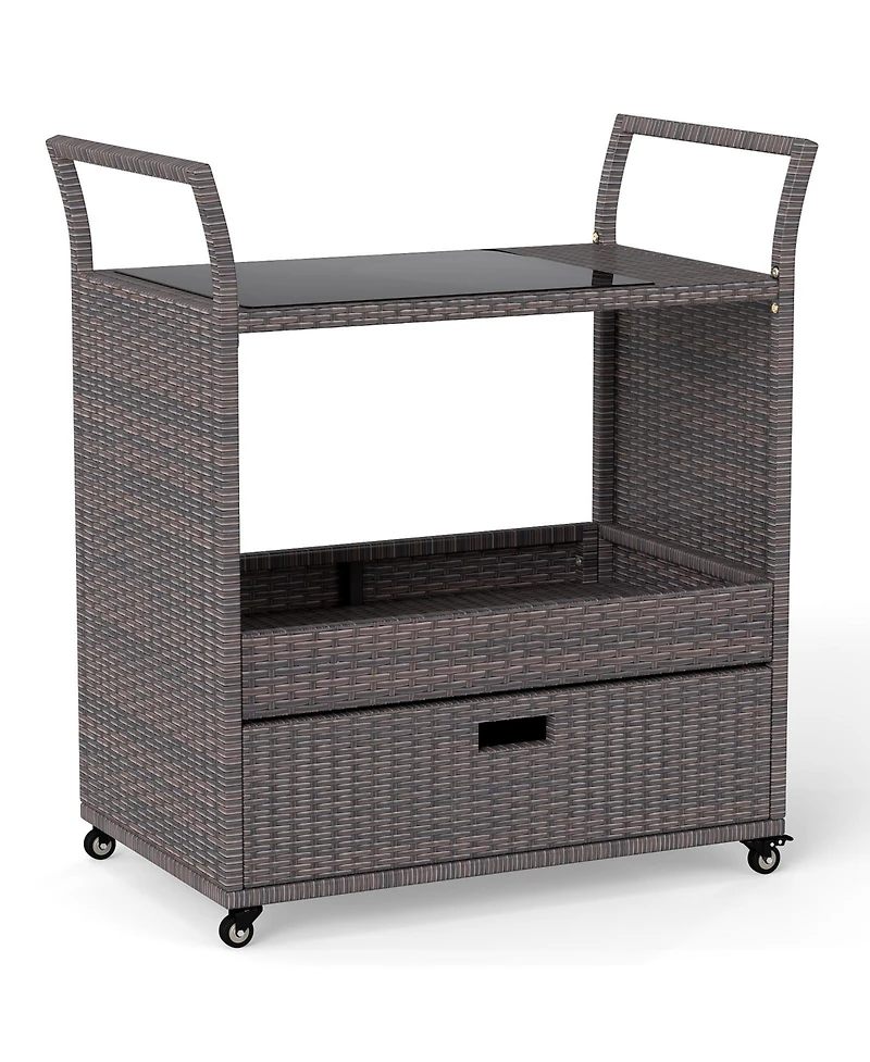 sumyeg Outdoor Wicker Bar Cart with Tempered Glass Top