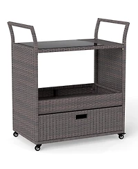sumyeg Outdoor Wicker Bar Cart with Tempered Glass Top