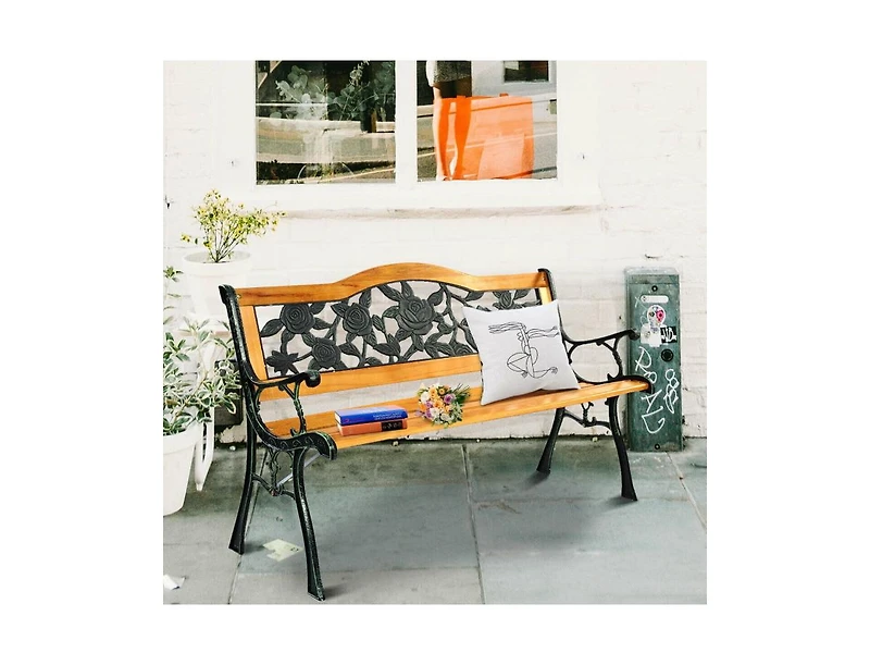 Clihome Garden Bench Chair Outdoor Wooden Loveseat with Iron Armrest