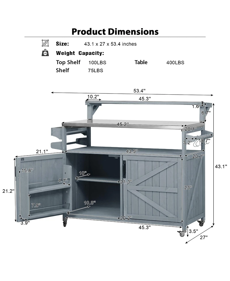 sumyeg 53.3inch Outdoor Kitchen Island with Raised Shelf, Solid Wood Storage Cabinet, Rolling Grill Cart with Rack, Adjustable Shelf and Spice Rack