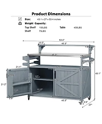 sumyeg 53.3inch Outdoor Kitchen Island with Raised Shelf, Solid Wood Storage Cabinet, Rolling Grill Cart with Rack, Adjustable Shelf and Spice Rack