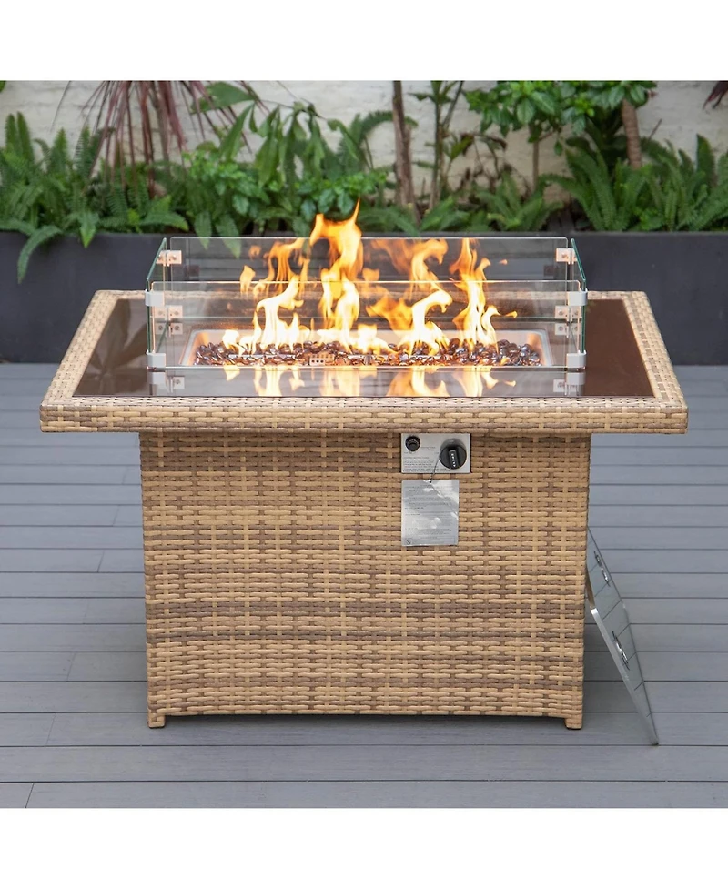 LeisureMod Mace 44" Outdoor Fire Pit Table – 55,000 Btu Propane Gas with Wicker Frame, Tempered Glass Wind Guard and Crystal Beads