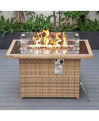 LeisureMod Mace 44" Outdoor Fire Pit Table – 55,000 Btu Propane Gas with Wicker Frame, Tempered Glass Wind Guard and Crystal Beads