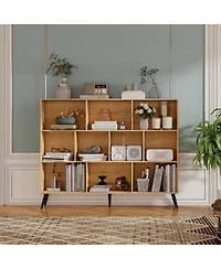 Gaomon 10 Cube Bookshelf, 3 Tier Modern Wide Bookcase with Legs, Mid-Century Wood Bookshelves Storage, Natural Large Book Case