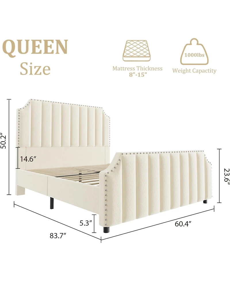 gaomon Velvet Bed Frame, 50.2 Tall Headboard & Footboard, Upholstered Platform Queen Frame with Nailhead Trim, No Box Spring Needed