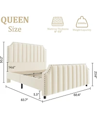 gaomon Velvet Bed Frame, 50.2 Tall Headboard & Footboard, Upholstered Platform Queen Frame with Nailhead Trim, No Box Spring Needed