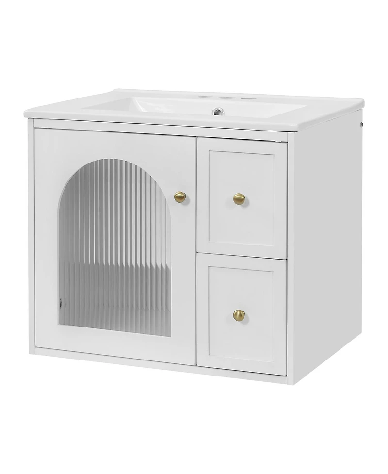 Sillysis 24" Wall Mount Bathroom Vanity with Glass Door, Ceramic Sink & 2 Drawers, Space Saving Storage for Small Bathrooms-Sillysis