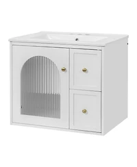 Sillysis 24" Wall Mount Bathroom Vanity with Glass Door, Ceramic Sink & 2 Drawers, Space Saving Storage for Small Bathrooms-Sillysis