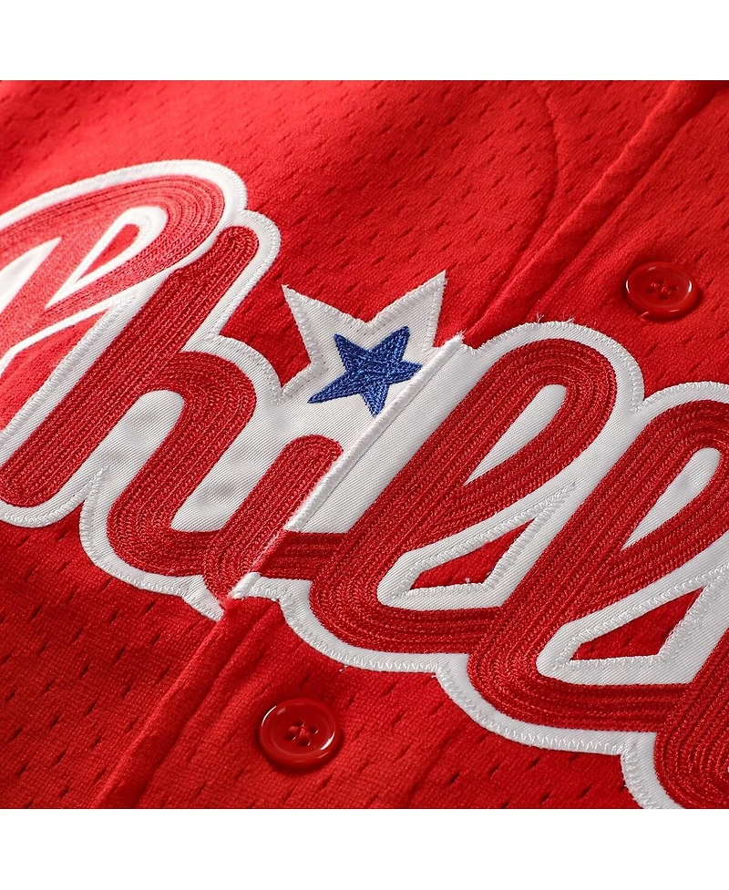 Mitchell & Ness Men's Jimmy Rollins Red Philadelphia Phillies Cooperstown Mesh Batting Practice Button-Up Jersey