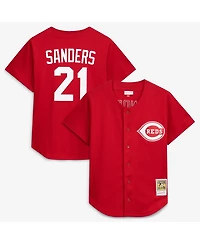 Mitchell & Ness Men's Deion Sanders Red Cincinnati Reds Cooperstown Mesh Batting Practice Button-Up Jersey