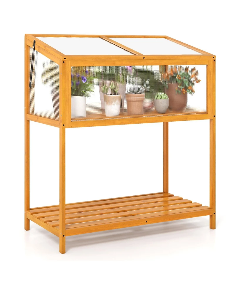 Sugift Wood Cold Frame Greenhouse with Transparent Openable Roof and Slatted Storage Shelf