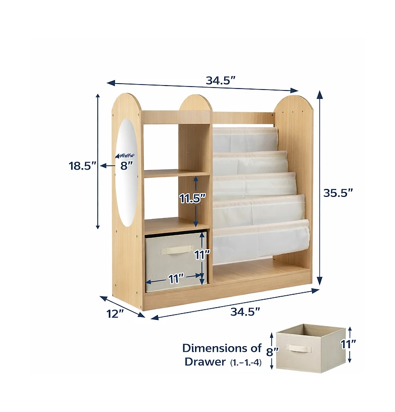 Gouun Kids Toy Storage Organizer with 4-Tier Sling Bookshelf and Full-Length Mirror