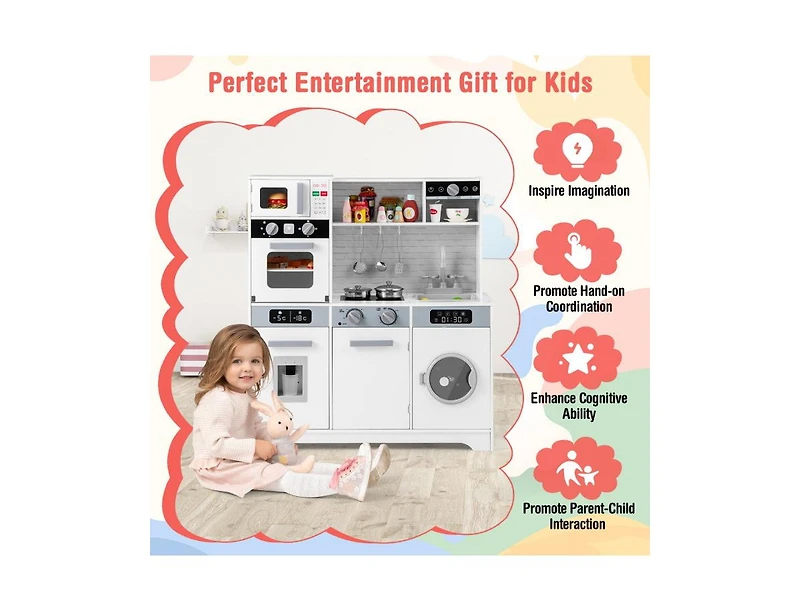 Hongge Pretend Play Kitchen Wooden Toy Set with Real Lights and Sounds