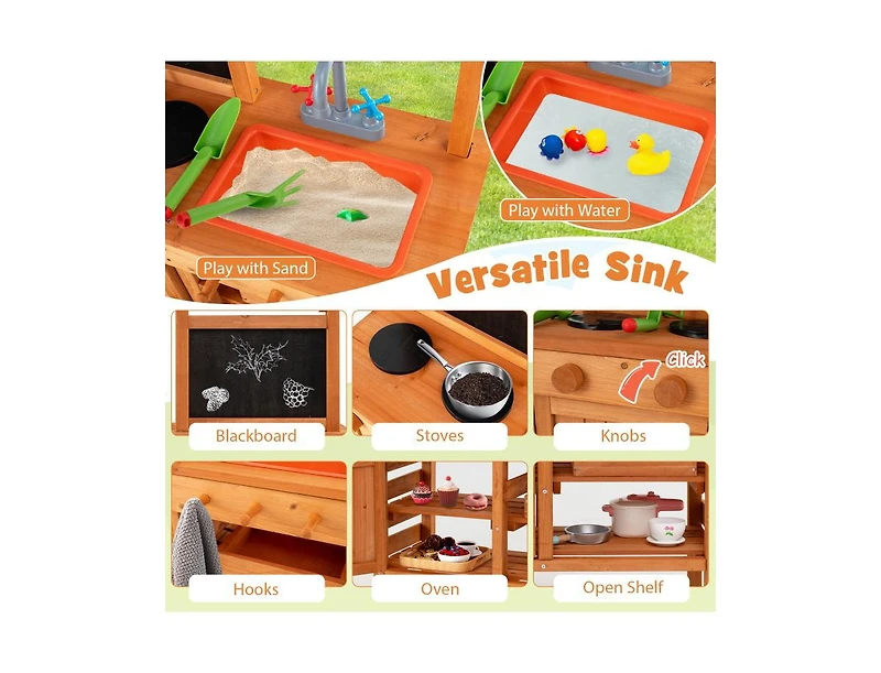 Hongge Wooden Pretend Play Kitchen with Adjustable Canopy for Kids