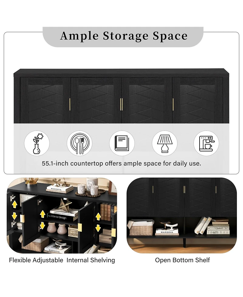 Rainsken 55" Modern Sideboard Buffet Cabinet, 4 Doors Storage Cabinet with Open Shelf, Adjustable Shelves and Double Hooks for Kitchen, Living Ro