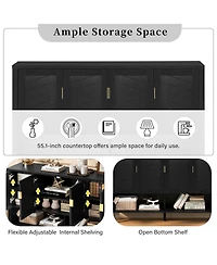 Rainsken 55" Modern Sideboard Buffet Cabinet, 4 Doors Storage Cabinet with Open Shelf, Adjustable Shelves and Double Hooks for Kitchen, Living Ro