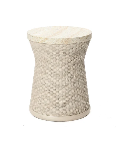 LuxenHome 18.7" Woven Texture Outdoor Side Table with Storage, Round Patio Table with Ice Bucket for Garden, Balcony