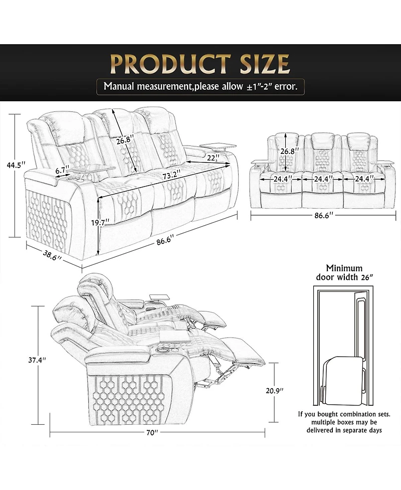 Streamdale Furniture 86.6" Power Recliner 3 Pc: Top-Grain Nappa, Adjustable, Smart Charging, Rgb Led