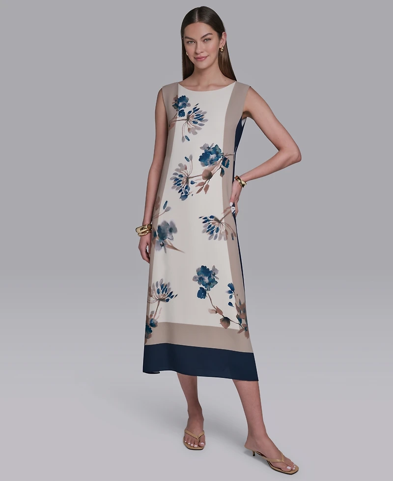 Halston Women's Sleeveless Self Belt Floral Printed Midi Dress