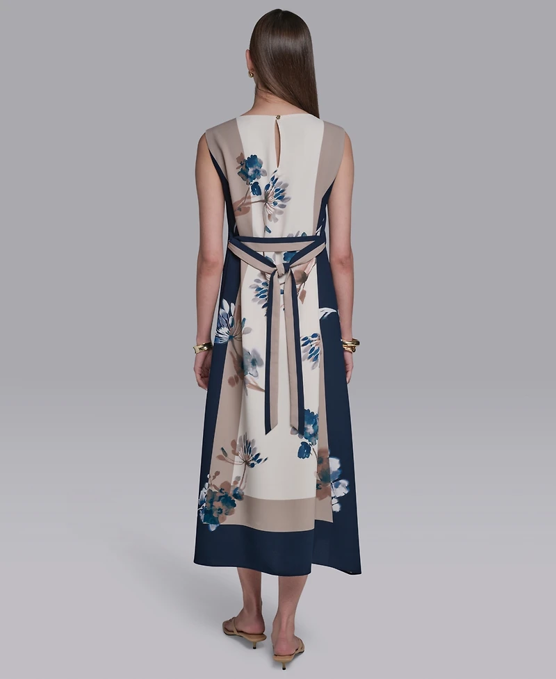 Halston Women's Sleeveless Self Belt Floral Printed Midi Dress