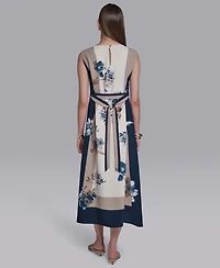 Halston Women's Sleeveless Self Belt Floral Printed Midi Dress