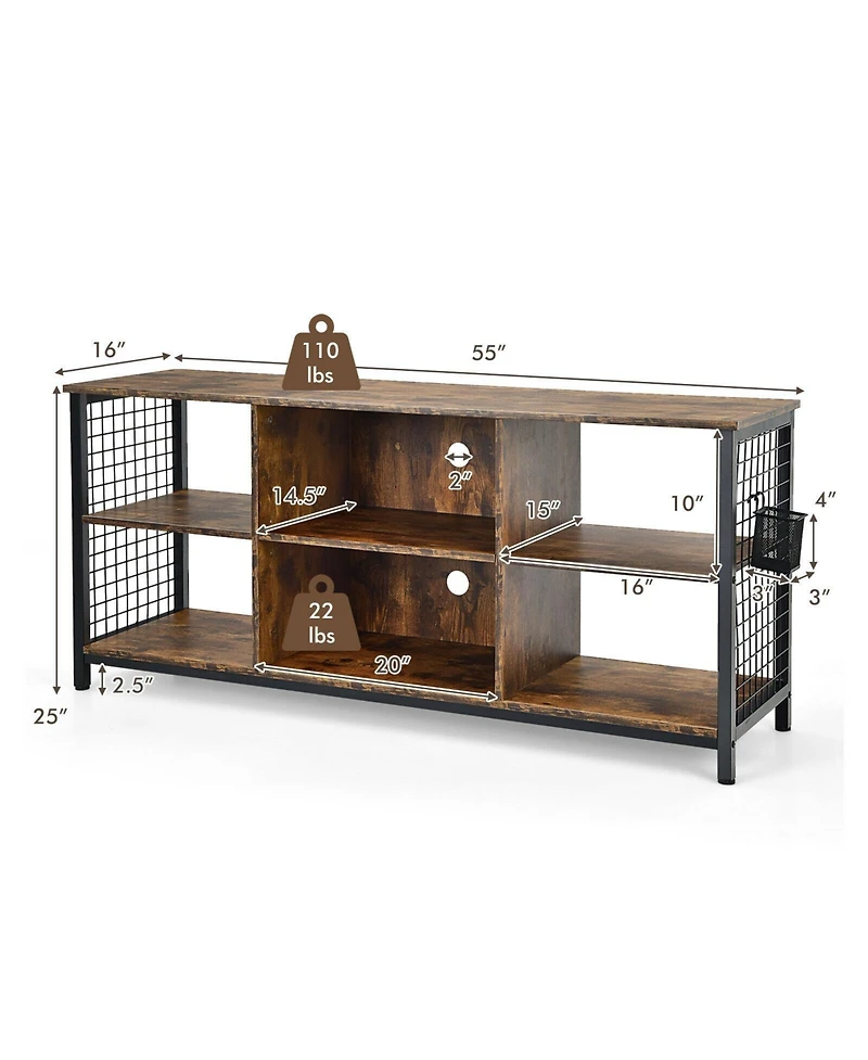 Sugift Mid-Century Wooden Tv Stand with Storage Basket for TVs up to 65 Inch-Rustic