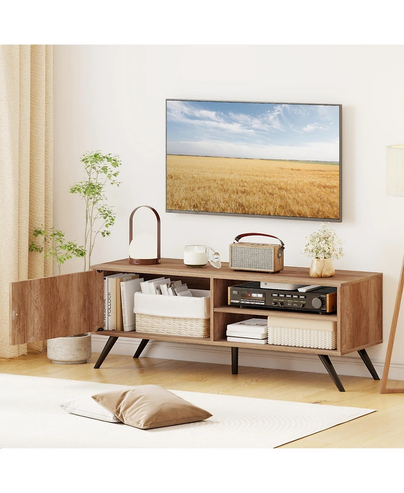 Sugift Tv Stand for TVs up to 55 Inch Mid Century Modern Entertainment Center with Storage Cabinet-Oak