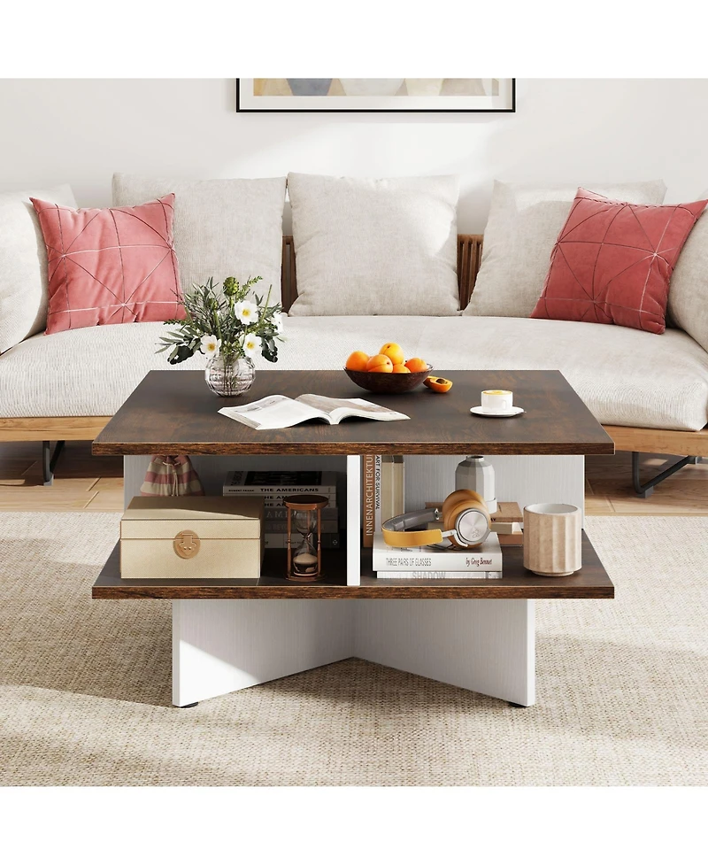 Gouun 2-Tier Square Coffee Table with 4 Storage Compartments