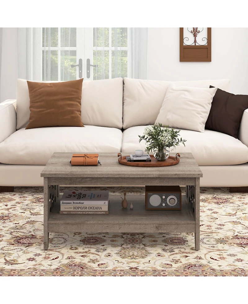 Gouun 39.5 in Farmhouse 2-Tier Coffee Table with Woven Accents and Open Storage Shelf