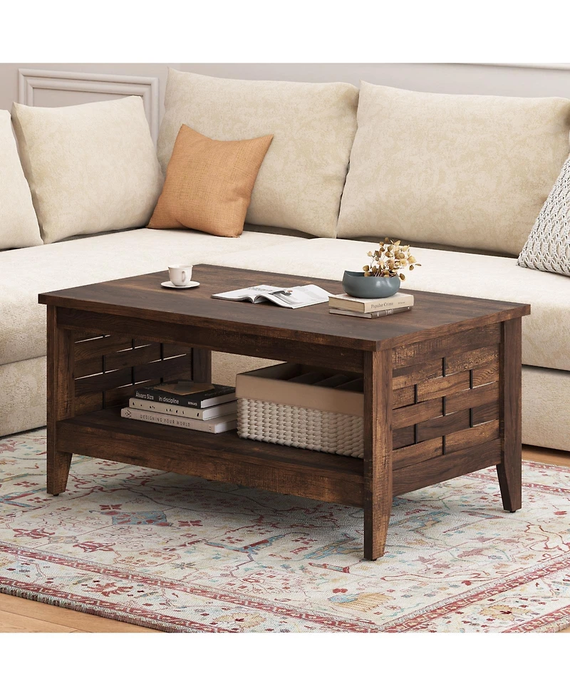 Gouun 39.5 Farmhouse 2-Tier Coffee Table with Woven Accents and Open Storage Shelf