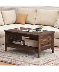 Gouun 39.5 Farmhouse 2-Tier Coffee Table with Woven Accents and Open Storage Shelf