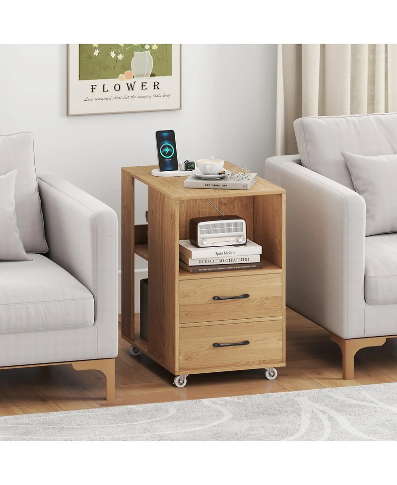 Gouun Rolling End Table with Charging Station, Drawers, and Open Shelves on Wheels