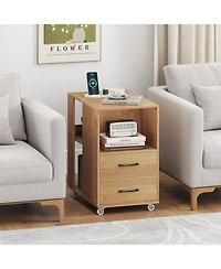 Gouun Rolling End Table with Charging Station, Drawers, and Open Shelves on Wheels