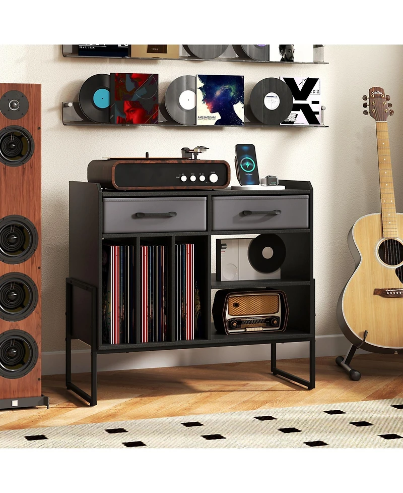 Gouun Large Mid-Century Record Player Stand with Charging Station and Vinyl Cabinet, 30 x 14 x 27 in