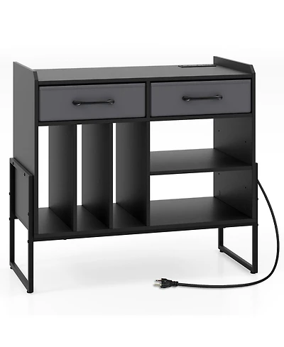 Gouun Large Mid-Century Record Player Stand with Charging Station and Vinyl Cabinet, 30 x 14 x 27 in