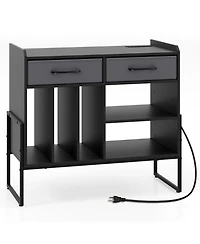 Gouun Large Mid-Century Record Player Stand with Charging Station and Vinyl Cabinet, 30 x 14 x 27 in
