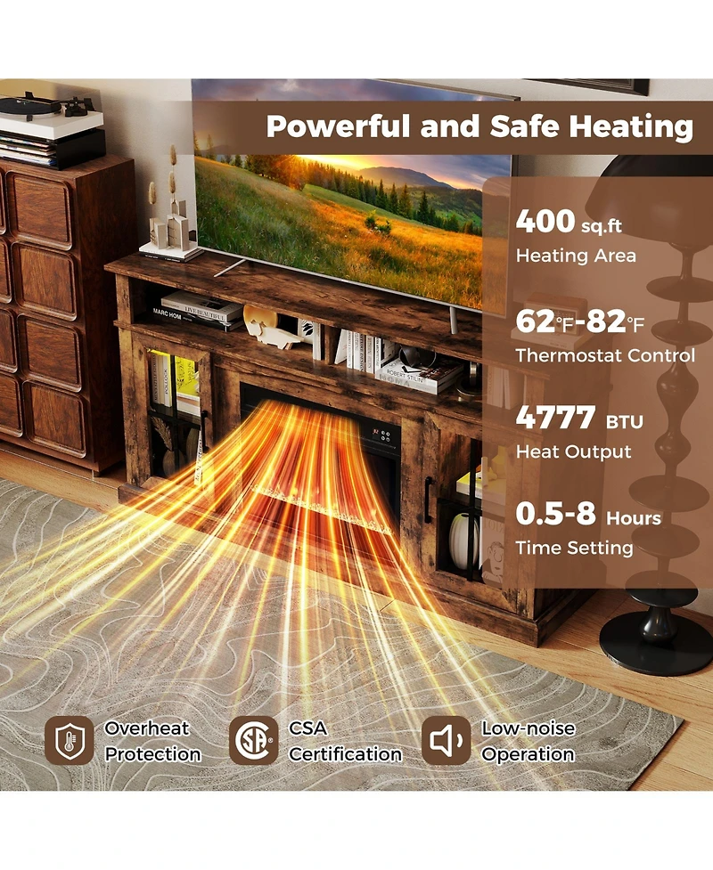 Sugift 58 Inch Fireplace Tv Stand with Led Lights with Storage Cabinets and Glass Doors-Rustic