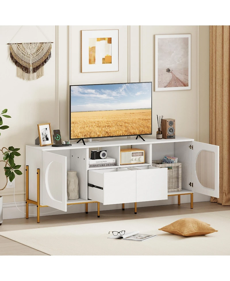 Sugift Tv Stand for 70 Inch Tv with Power Outlets Drawers and Open Shelves