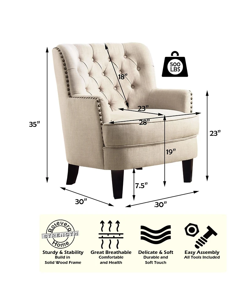 Boyel Living Vintage Button-Tufted Velvet Accent Chair with Nailhead Trim and Solid Wood Legs