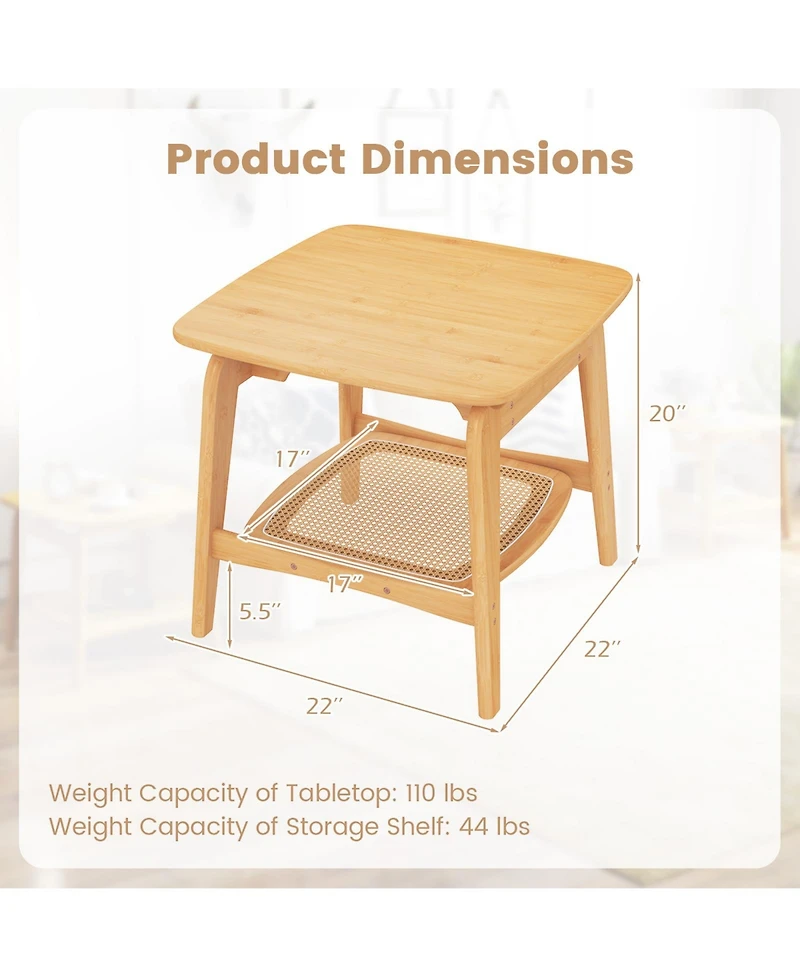 Gouun Boho Bamboo 2-Tier Sofa Side Table with Faux Rattan Shelf