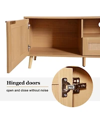 Rainsken Rattan Tv Stand for TVs , Media Console, Entertainment Center with 2 Drawers, 2- Open Shelves and Storage Cabinet for Living Room