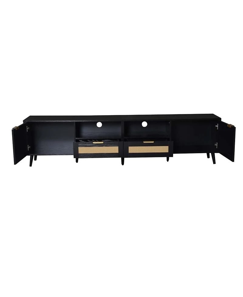 Rainsken Rattan Media Console Tv Stand for TVs with 2 Drawers, Open Shelves and Storage Cabinet for Living Room