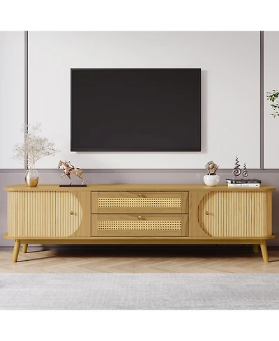 Rainsken Rattan Media Console for Tvs, Modern Farmhouse TV Stand with Tambour Sliding Doors and Drawers for Living Room