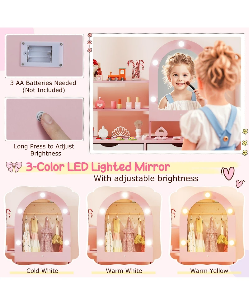 Slickblue Kids Play Vanity Set with Adjustable Mirror, 3-Color Led Lights and Brightness Control