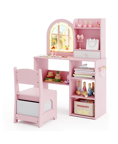 Slickblue Girls Makeup Vanity Desk Set with Chair and 3-Color Led Mirror