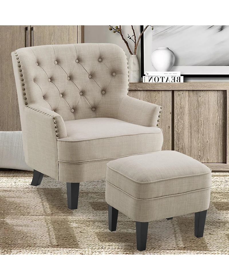 Boyel Living Vintage Button-Tufted Velvet Chair and Ottoman Set with Nailhead Trim and Solid Wood Legs
