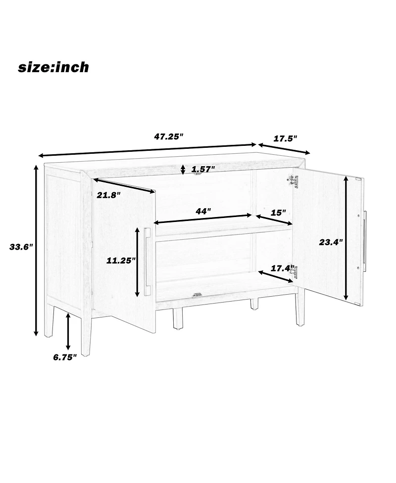 Rainsken Rustic Farmhouse Buffet Cabinet, 47.25 Inch Storage Sideboard with Pine Veneer, Adjustable Legs and Metal Pulls for Kitchen, Living Room